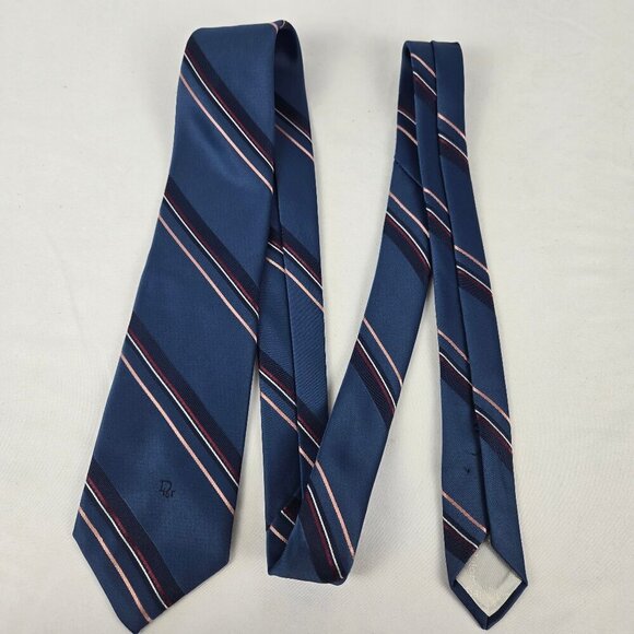 Christian Dior Men's Tie Silk Blend Blue with Multicolor Diagonal Stripes Office - Picture 4 of 7